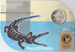 PERU 2017 , FAUNA CROCODILE , COIN ON CARD , MINT - Peru