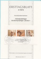 Germania 1978 Sc. 1267abc Ersttagsblatt N. 4 "Nobelpreistrager ..."  FDC  Sheet Premio Nobel HESSE MANN  HAUPTMANN - Nobel Prize Laureates