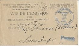 1907 - USA - LETTRE FRANCHISE AVIS De MANDAT D'ARTICLE D'ARGENT De NEW YORK => LE HAVRE (SEINE INFERIEURE) - Cartas & Documentos