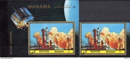 Gemini 8 NASA 1972 Manama 1072+Block 208 O 9€ Mond-Oberfläche Moon Exploration Bloc Flag M/s Sheet S/s Bf Spaceship - Etats-Unis