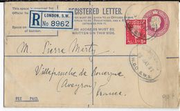 GB - 1937 - ENVELOPPE ENTIER PERFORE (PERFIN) RARE ! RECOMMANDEE De LONDON => VILLEFRANCHE DE ROUERGUE (AVEYRON) - Gezähnt (perforiert)