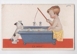 Illustrateur JANSER - Un Enfant Pêche Dans La Baignoire - Petit Chien - Poissons Rouges -  Jolie Cpa - Janser