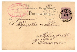 Ganzsache Deutsche Reichspost, Fa. Rühl & Liepe Stettin 1882 Nach Hafnerzell ( Obernzell ) Bei Passau - Cartes Postales