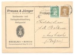 Firmen-Ganzsache Postkarte, Preuss & Jünger Breslau 1928 Nach Ansbach - Tarjetas