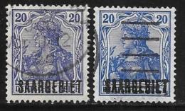 Saar, Scott # 46 2 Shades Germany Stamps, Overprinted, 1920, The Light Blue One Has A Large Light Thin - Gebraucht
