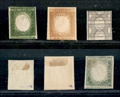 10205 SARDEGNA - 1855/1861 - Resti Di Stampa Del 5 Cent Verde + 10 Cent Bistro + 1 Cent Grigio Nero (13E+14E+19) Doppia  - Other & Unclassified