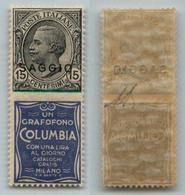 10679 REGNO - PUBBLICITARI - 1924 - Saggio - 15 Cent Columbia (2 - Pubblicitari) - Gomma Integra - Cert. AG - Autres & Non Classés