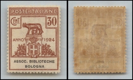 10694 REGNO - PARASTATALI - 1924 - 30 Cent Biblioteche Bologna (3 - Enti Parastatali) - Gomma Integra - Ottima Centratur - Autres & Non Classés