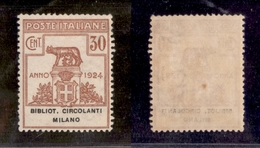 10703 REGNO - PARASTATALI - 1924 - Parastatali -30 Cent Bibliot. Circolanti Milano (15) - Nuovo Con Gomma (160) - Sonstige & Ohne Zuordnung