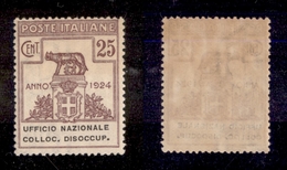 10729 REGNO - PARASTATALI - 1924 - 25 Cent Ufficio Nazionale Colloc. Disoccup. (64) - Gomma Integra (50) - Autres & Non Classés