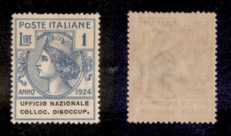 10732 REGNO - PARASTATALI - 1924 - 1 Lira Ufficio Nazionale Colloc. Disoccup. (67) - Ben Centrato - Gomma Integra (50/10 - Autres & Non Classés