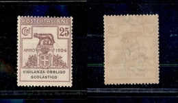 10733 REGNO - PARASTATALI - 1924 - Parastatali - 25 Cent Vigilanza Obbligo Scolastico (69) - Gomma Integra (300) - Autres & Non Classés