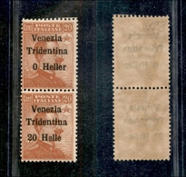 10940 OCCUPAZIONI - TRENTINO - 1918 - Coppia Verticale Del 20 Heller Su 20 Cent Michetti (30c+30d) Errori "senza 2" E "h - Autres & Non Classés