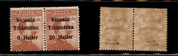 10942 OCCUPAZIONI - TRENTINO - 1918 - Coppia Orizzontale Del 20 Heller Su 20 Cent Michetti (30c+30) Senza "2" Sul Pezzo  - Autres & Non Classés