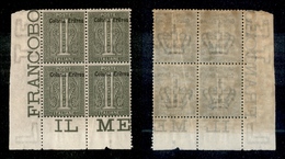 11300 COLONIE - ERITREA - 1893 - Quartina Angolo Di Foglio Del 1 Cent Soprastampato (1) - Gomma Integra (105+) - Other & Unclassified