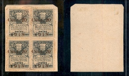 11743 SAN MARINO - 1918 - 20 Cent Su 15 Stemma (53a) In Quartina Su Frammento - Soprastampa Spostata A Sinistra - Autres & Non Classés