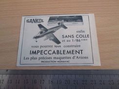 Pour  Collectionneurs  PUBLICITE Années 60 : MAQUETTE D'AVION SANKOL Au 1/86e PRODUCTION MONOVAC Format Voir Règle En Ph - Flugzeuge