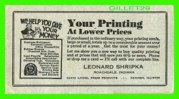 BUVARD -  IMPRIMERIE, LEONARD SHRIPKA PRINTING, ROACHDALE, INDIANA - YOUR PRINTING AT LOWER PRICES - - I