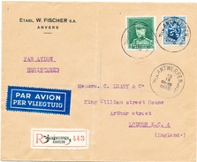 857/25 - Lettre Recommandée PAR AVION TP Képi 5 F (COB 65 EUR) ANTWERPEN 1935 Vers LONDON UK - 1931-1934 Képi