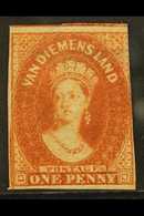 TASMANIA 1856 1d Deep Red-brown Chalon On Pelure Paper, SG 24, 3+ Margins, Pen Cancel Cleaned And Regummed, A Rare Issue - Altri & Non Classificati