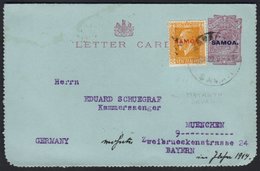 1916 1d Dull Claret  On Blue Letter Card, H&G 1, Uprated With 1918 2d Yellow Sent 1922 (16 March) From Safune Via Mataut - Samoa (Staat)