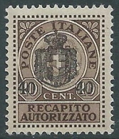 1945 LUOGOTENENZA RECAPITO AUTORIZZATO SOPRASTAMPATO 40 SU 10 CENT MNH ** I28-10 - Autorisierter Privatdienst