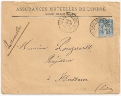 GARE DE CHATEAUROUX Indre Sur SAGE. Enveloppe ASSURANCES MUTUELLES DE L'INDRE. 1893. - 1877-1920: Semi-moderne Periode
