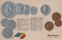 Litho Münzkarte AK Rumänien Romania Roumanie Romaniei Bani Leu Lei Nationalflagge Rege Carol I Coin Pièce Moneda - Monnaies (représentations)