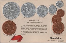 Litho Münzkarte AK Marokko Morocco Maroc Marruecos Flus Centimos Rial Pesetas Hassani Nationalflagge Coin Pièce Moneda - Monnaies (représentations)