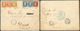 LETTRE Enveloppe Quadricolore Pour Dresde (Saxe), Affranchie Des N°1 + 5 Paire Horizontale + 6 + 10 Paire Horizontale, O - 1849-1850 Ceres