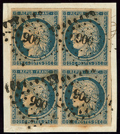 No 4d, Bloc De Quatre, Obl Pc 900, Sur Petit Fragment. - TB - 1849-1850 Ceres