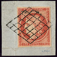 Vermillon Vif. No 7a, Obl Grille, (décollé) Sur Petit Fragment D'origine, Superbe. - RRR - 1849-1850 Ceres