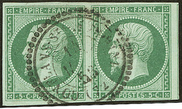 No 12c, Vert Foncé, Paire Horizontale Un Voisin, Obl Cad Perlé 22 De Conflans Ste Honorine. - TB - 1853-1860 Napoleon III