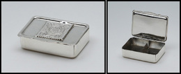 Boîte Métal Argenté Avec Timbre Allemand En Relief Sur Couvercle, 2 Comp., 45x32x12mm. - TB - Stamp Boxes