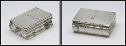 Boîte Cristal En Forme De Livre, Couvercle En Argent, Marquée Stamps, Poinçons, 2 Comp., 65x50x23mm. - TB (Spink 2009 P. - Stamp Boxes