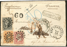 LETTRE Tricolore. Nos 19 + 23 + 25, Sur Enveloppe De San Francisco Avril 1865, Taxée, Pour LaFrance. - TB. - R - Altri & Non Classificati