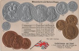 Litho Münzkarte AK Großbritannien Irland Great Britain Ireland Irlande Angleterre Eire Pound National Flag Coin Money - Monnaies (représentations)