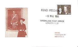 Greenland  1980 Queen Margrethe II 80 øre Mi  120 Special Cancellation Kind Regards 6.5.80 London, Cover - Cartas & Documentos