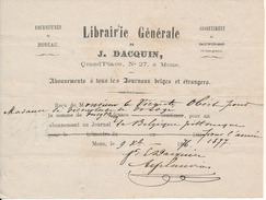 Facture, Reçu 1876 - MONS, Librairie Générale De J. Dacquin - Abonnement Au Journal "La Belgique Pittoresque" - 1800 – 1899