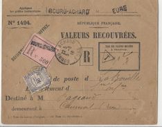 Lettre Recommandée Valeurs Recouvrées - Bourg Achard Pour La Bouille  - 1910 - Taxée Avec Taxe N°44 - 1859-1959 Briefe & Dokumente
