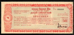 India Rs.500 Punjab National Bank Traveller's Cheques ' SPECIMEN ' RARE # 6014D - Chèques & Chèques De Voyage