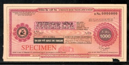 India Rs.1000 Syndicate Bank Traveller's Cheques ' SPECIMEN ' RARE # 16132D - Schecks  Und Reiseschecks