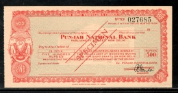 India Rs.500 Punjab National Bank Traveller's Cheques ' SPECIMEN ' RARE # 16221D - Schecks  Und Reiseschecks