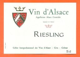 Etiquette Vin D'alsace Riesling Cellier Civa à Colmar -75 Cl - Blason - Riesling