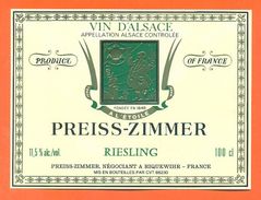 Etiquette Vin D'alsace Riesling Preiss Zimmer à Riquewihr -100 Cl - Riesling