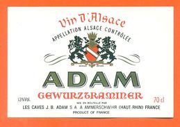 Etiquette Vin D'alsace Gewurztraminer Adam à Ammerschwihr -70 Cl - Gewürztraminer