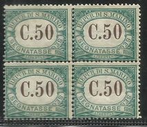 REPUBBLICA DI SAN MARINO 1897 1919 SEGNATASSE POSTAGE DUE TASSE TAXE CENT. 50 MNH QUARTINA BLOCK - Segnatasse