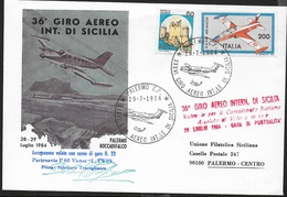 36° GIRO AEREO INT. DI SICILIA - PALERMO-PALERMO - BUSTA UFFICIALE FIRMATA DAL PILOTA - GARA DI PUNTUALITA' - 29.07.1984 - Poste Aérienne