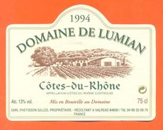 Etiquette Vin Cotes Du Rhone Domaine De Lumian 1994 Phétisson Gilles à Valréas - 75 Cl - Côtes Du Rhône