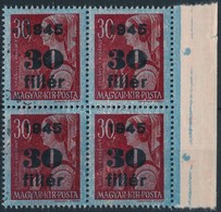 ** 1945 Kisegítő 30f/30f Négyestömb Kettős Felülnyomással. Látványos, Ritka Darab! / Mi 789 Block Of 4 With Double Overp - Sonstige & Ohne Zuordnung